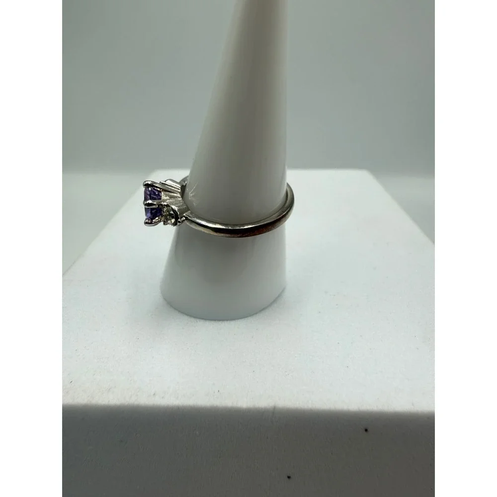 Silver Tone Three Stone Purple and Clear Round Cut Ring Size 8.75